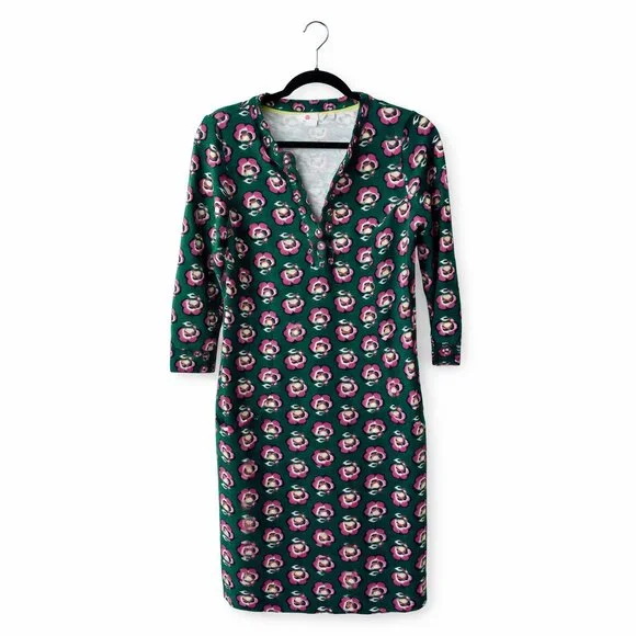 Boden Emerald Green Floral Dress Size 6 Cotton 3/4 Sleeve Pockets Knee Length - Picture 2 of 5